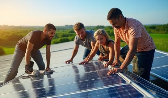 Equipo colaborando con tecnología solar